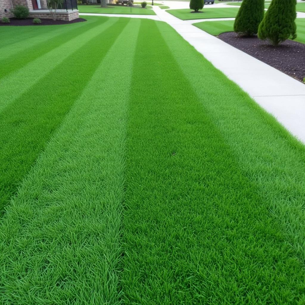 Freshly mowed front lawn with straight mowing stripes beside a clean sidewalk