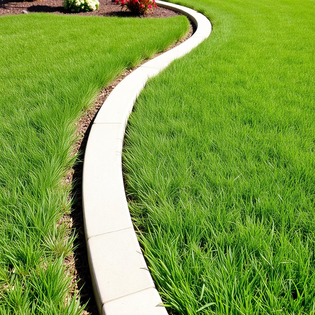 Crisply edged lawn line along a curved flower bed border