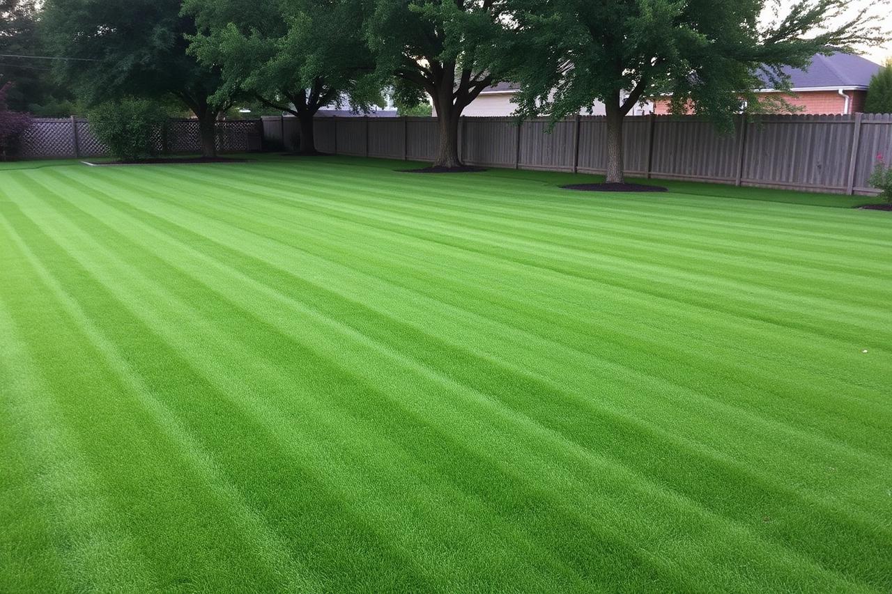 Large backyard lawn mowed evenly with a consistent striped pattern
